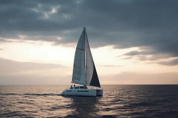 Wall Mural - Sailing catamaran on a background of a beautiful sunset in the sea. AI Generative