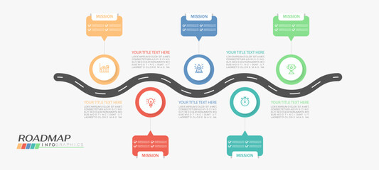 Wall Mural - Roadmap infographic 5 steps timeline concept. Winding road. Vector illustration.