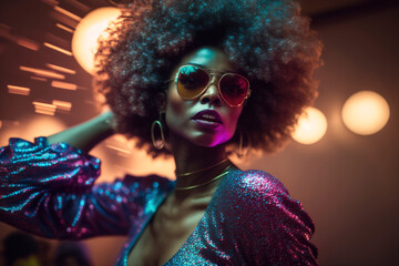 Fashionable black woman dressed in bright clothes and afro hair, at the disco dancing on the dance floor. Generative AI