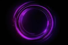 Neon Glow. Round Frame. Quantum Portal. Defocused Fluorescent Purple Color Glitch Light Flare Circle On Dark Black Futuristic Abstract Illustration Empty Space Background