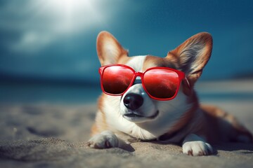 Wall Mural - a dog donning a pair of red sunglasses and lazing about on the sand. Generative AI