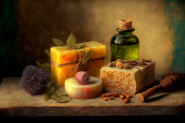 Still life with essential oil and natural handmade soap. Spa, aromatherapy, body care and wellbeing concept.