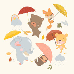 Wall Mural - Cartoon Set with Cute Animals holding Colorful Umbrellas