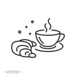 cup coffee with croissant icon, breakfast concept, bun with drink, thin line symbol - editable stroke vector illustration