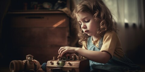 Canvas Print - A little girl playing with a wooden toy. AI generative image. Generative AI