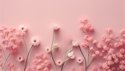 Wall Mural - Beautiful spring flowers on a pink background in pink tones, Happy Mother’s Day or Women’s Day greeting card with copy space for your text, generative AI