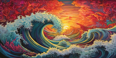 artistic picture of an ocean wave in the style of psychedelic