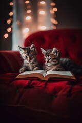 Two kittens sitting on a red couch reading a book. AI generative image. Generative AI