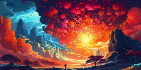 Wall Mural - burning sunset psychedelic painting
