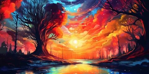 Canvas Print - burning sunset psychedelic painting