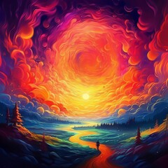 Canvas Print - burning sunset psychedelic painting