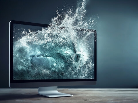A wave and splashes of water flying into the room directly from the screen of a modern monitor standing on the table. Generative AI