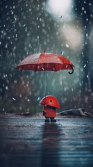 Canvas Print - A tiny cute unknown creature holding an umbrella in the rain. AI generative image. Generative AI