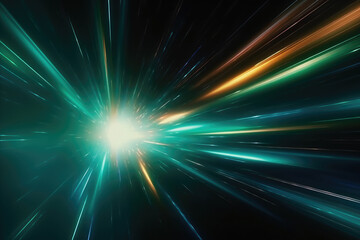 Light flare motion. Defocused glow. Old film overlay. Blur blue green orange color rays texture on dark black abstract free space background