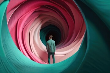 Wall Mural - A man standing inside of a colorful tunnel. AI generative image. Generative AI