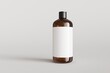 Brown plastic hampoo bottle with label on gray background front view 3D render mockup
