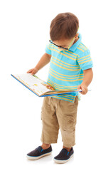 Canvas Print - He loves his books. Full length studio shot of a young boy wearing glasses and reading a book.