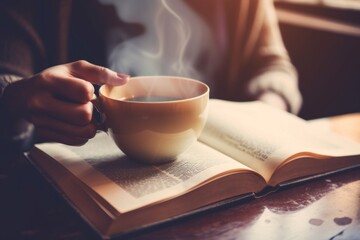 Poster - A person sitting at a table with a book and a cup of coffee. AI generative image. Generative AI