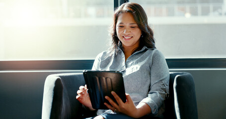 Aufkleber - Office tablet, typing and woman reading good review of social network feedback, customer experience or ecommerce. Brand monitoring data, website info or media worker working on online survey analysis