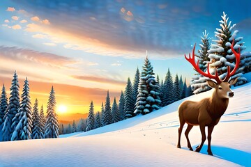 Wall Mural - Christmas trees and reindeer on colorful background. Christmas holiday. Generative AI