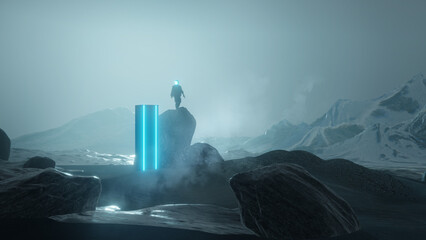 Wall Mural - spaceman exploring a strange landscape and environment