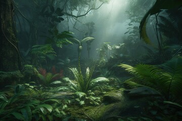 Wall Mural - a thick and verdant woodland with a profusion of different kinds of flora Generative AI