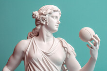Marble Statue Of An Ancient Greek Goddess Doing Sports On Pastel Background. Ball Game Player Sculpture. Beauty Standards, Ideal Body, Sports Activity, Fitness, Sports Advertising Concept.AI Generated