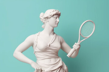 Marble statue of an ancient Greek goddess doing sports on pastel background. Tennis player sculpture. Beauty standards, ideal body, sports activity, fitness, sports advertising concept. AI generated