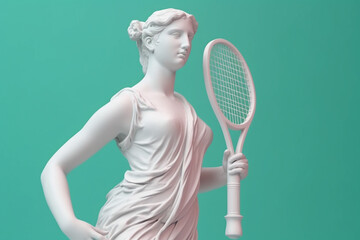 Marble statue of an ancient Greek goddess doing sports on pastel background. Tennis player sculpture. Beauty standards, ideal body, sports activity, fitness, sports advertising concept. AI generated