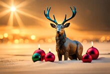 Toy Reindeer Among Christmas Decorations With Golden Lights And Candlesticks. Christmas Holiday. Generative AI