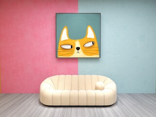 A unique and cute interior 3d painting image with a painting of a cat glancing at something.