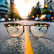 Óculos de grau no asfalto de uma estrada ao entardecer com uma luz dourada criado por IA