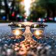 Óculos de grau no asfalto de uma estrada ao entardecer com uma luz dourada criado por IA
