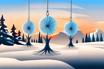 Wall Mural - Light Blue Background With Hanging Abstract Plants. Christmas Eve. Generative AI