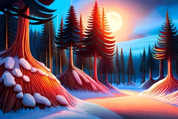 Wall Mural - Magical Forest With Glowing Christmas Trees. Christmas Eve. Generative AI