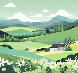 Wall Mural - A rural landscape background of rolling hills and mountains. Fields, farm land and trees with a cottage or farmers house. Flowers in the foreground.