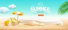 Podium Summer Display, Pile Of Sand, Flowers, Coconut Tree, Beach Umbrella, Beach Chair, Banner Design, On Cloud And Sand Beach Background, EPS 10 Vector Illustration