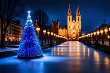 Wall Mural - Blurred Blue Christmas Tree Lights. Christmas Eve. Generative AI