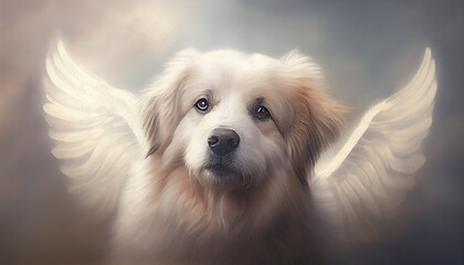 Cute white dog with wings against the background of sky as a dog heaven concept, watercolor illustration, generative AI