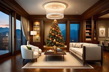 Wall Mural - Luxurious Christmas Evening With Decorated Tree And Presents. Christmas Eve. Generative AI