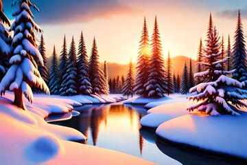 Wall Mural - Magical Forest With Glowing Christmas Trees. Christmas Eve. Generative AI