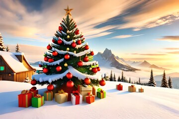 Wall Mural - 3d Rendered Christmas Tree With Decorations And Presents On White Background. Christmas Eve. Generative AI