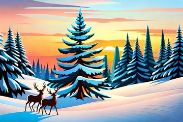 Wall Mural - Christmas trees and reindeer on colorful background. Christmas holiday. Generative AI