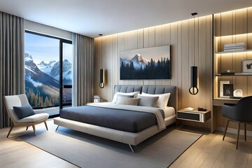 Wall Mural - Cool Bedroom With Led Light. Christmas Eve. Generative AI