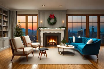 Wall Mural - Christmas Tree With Decorations Near Fireplace And Lights. Christmas Eve. Generative AI