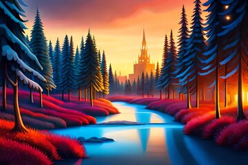 Wall Mural - Magical Forest With Glowing Christmas Trees. Christmas Eve. Generative AI