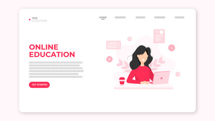 Poster - Pink Educational Landing Page Design with Woman working on laptop. All texts are editable. Vector Graphic Template.