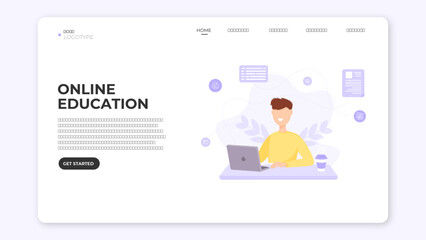Poster - Purple Educational Landing Page Design with Man working on laptop. All texts are editable. Vector Graphic Template.