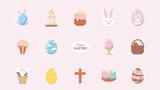 Fototapeta Boho - 15 Happy Easter Icons. 15 Easter Icons. Icons include rabbits, buskets, eggs, candle, easter cake. Vector illustrations.