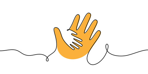 Child hand in parent hand one line illustration